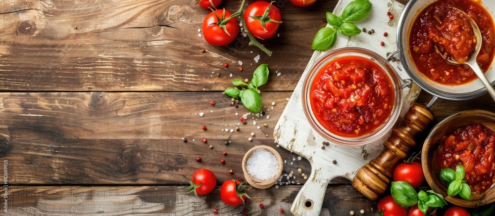 A top-down view of food ingredients on a white cutting board in a wooden kitchen workspace, featuring a glass jar of tomato sauce and a saucepan with copy space image. A top-down view of food ingredients on a white cutting board in a wooden kitchen workspace, featuring a glass jar of tomato sauce and a saucepan with copy space image.