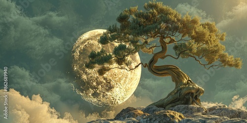 Stylized Golden Tree Against a Textured Moon