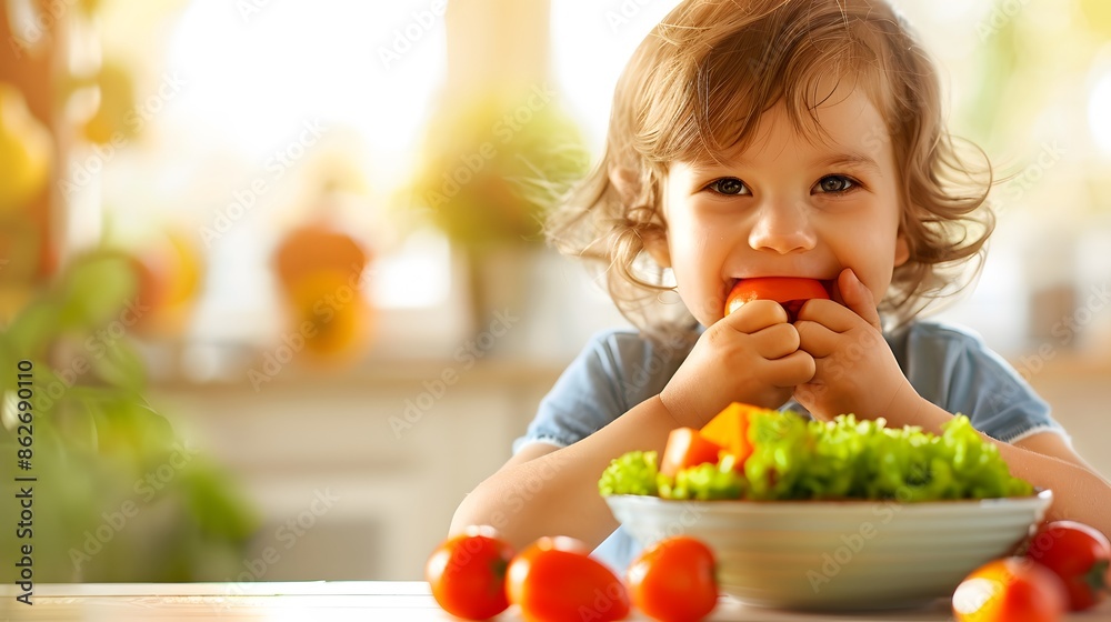 Happy Child Enjoying Nutritious Meal at Home - Child Nutrition and Healthy Eating Concept Happy Child Enjoying Nutritious Meal at Home - Child Nutrition and Healthy Eating Concept