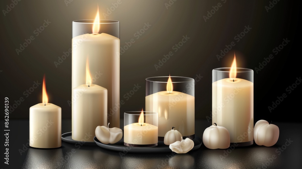 A set of candles are lit and arranged on a black table. The candles are of different sizes and are placed in various positions. Scene is warm and inviting, as the candles create a cozy atmosphere A set of candles are lit and arranged on a black table. The candles are of different sizes and are placed in various positions. Scene is warm and inviting, as the candles create a cozy atmosphere