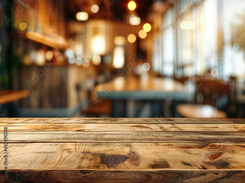 Rustic wooden table in cozy cafe with blurred background © oksa_studio