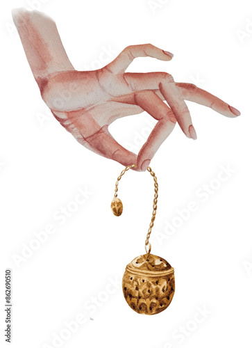Watercolor woman's hand holding gold vintage tea strainer. Hand drawn watercolor teatime illustration.