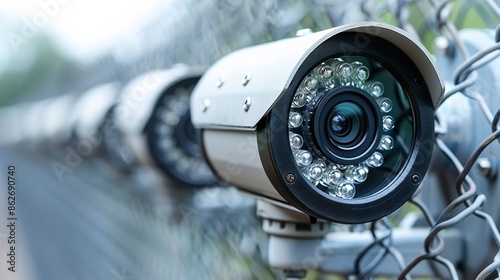 A close up view of several security cameras mounted on a chain-link fence. The cameras are pointed in different directions, suggesting they are used for surveillance purposes