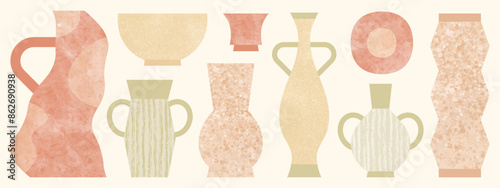 Hand drawn ceramic vases icon set isolated on white background. Abstract geometric handmade pottery with realistic texture collection. Vector illustration