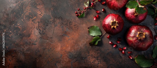 Top view of churchkhelas and pomegranate on a textured table with copy space image available. photo