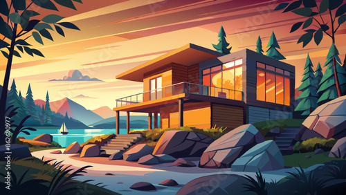 Idyllic Lakeside Modern Cabin at Sunset with Scenic Nature Views