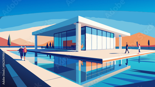 Modern Luxury Home Exterior with People Enjoying Poolside Views