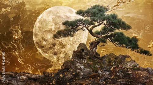 Stylized Golden Tree Against a Textured Moon