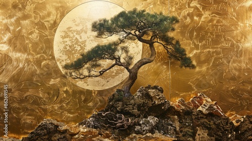 Stylized Golden Tree Against a Textured Moon