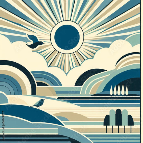 A vintage-style illustration depicts an idyllic landscape with a radiant sun, birds, clouds, waves, and trees, creating a peaceful and harmonious scene.