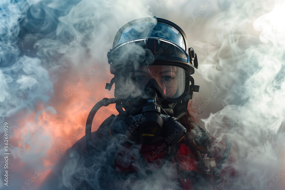 Firefighter woman in smoke and flames Firefighter woman in smoke and flames