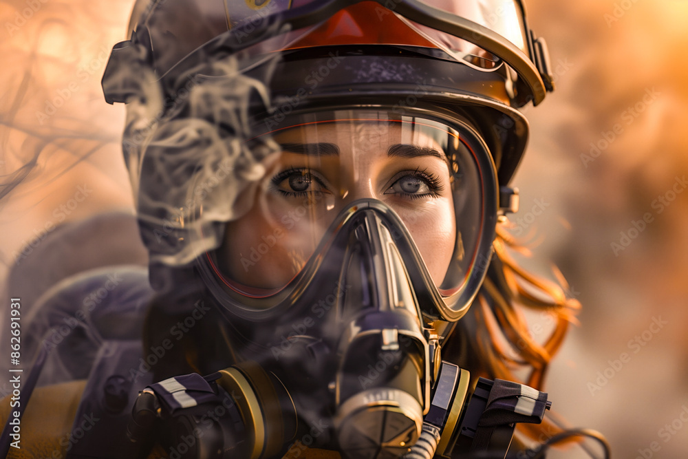 Fototapeta premium Firefighter woman wearing respirator amidst smoke