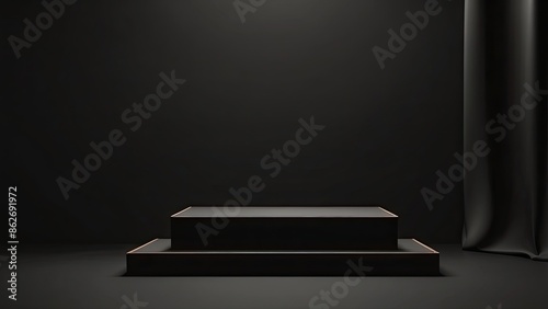 abstract shadowed black background with an empty black podium. A prototype stand for showcasing products. Simple idea. Showcase item