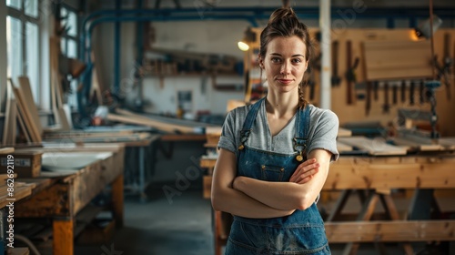 The female carpenter in workshop photo