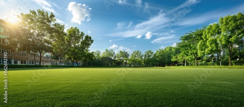 Obraz na płótnie University campus football field with a lush green lawn, ideal for games or events, with ample copy space image for a picturesque scene. w salonie
