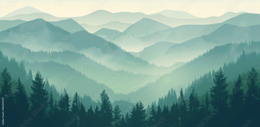 Obraz premium illustration of panoramic green forest mountain landscape background.