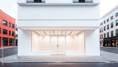 Frontal top view of the front of a modern and bright store in a shopping street of a city