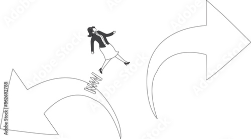 Jumping from falling arrow to rising arrow Businesswoman