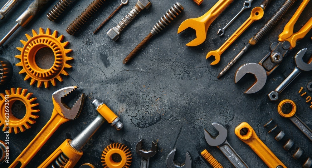 Fototapeta premium Yellow And Black Tools On A Dark Surface