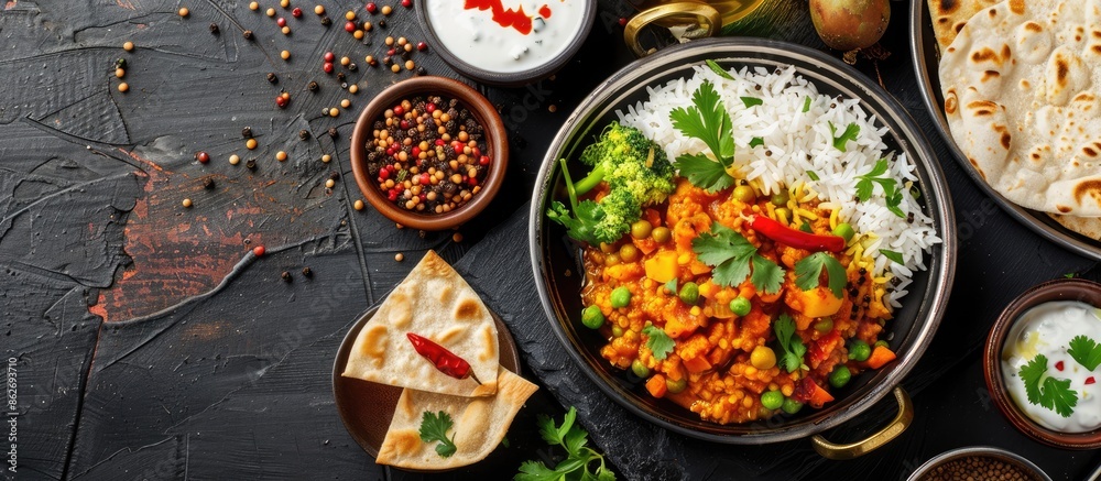 Healthy Indian lentil and rice dish with spices, vegetables, served with yogurt, papad, and chili pickle, shown in the copy space image. Healthy Indian lentil and rice dish with spices, vegetables, served with yogurt, papad, and chili pickle, shown in the copy space image.