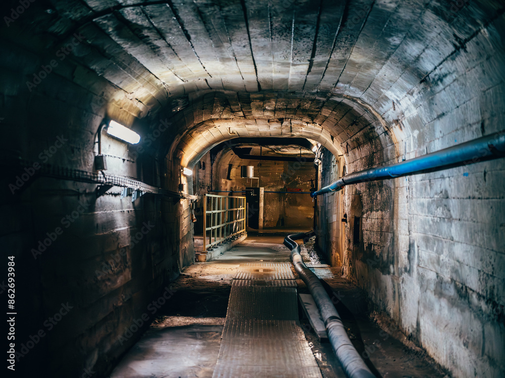 Obraz premium Industrial underground tunnel with metal walkway and pipes, illuminated by dim artificial light.