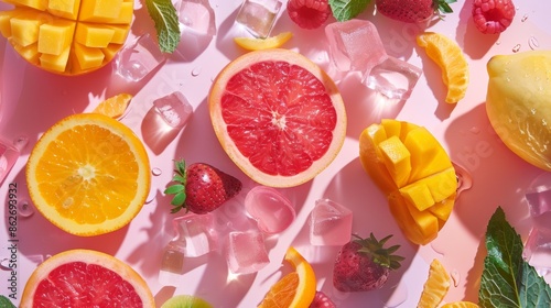 Fototapeta Naklejka Na Ścianę i Meble -  Fresh Fruits and Ice Cubes on Pink Background