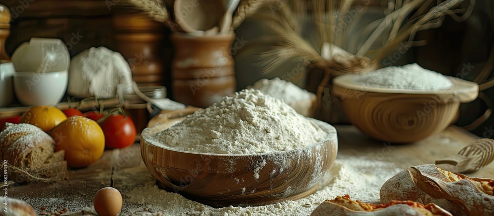 Essential ingredients for baking pizza, bread, or pastries with a focus on flour are displayed in the copy space image. Essential ingredients for baking pizza, bread, or pastries with a focus on flour are displayed in the copy space image.