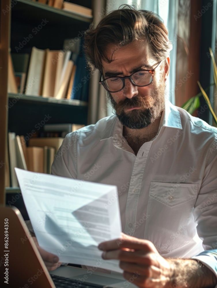 A man with glasses is reading a piece of paper. He is sitting at a desk with a laptop and a potted plant in the background. The man is focused on the paper A man with glasses is reading a piece of paper. He is sitting at a desk with a laptop and a potted plant in the background. The man is focused on the paper