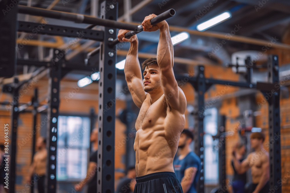 Fit man doing pull-ups in modern gym Fit man doing pull-ups in modern gym