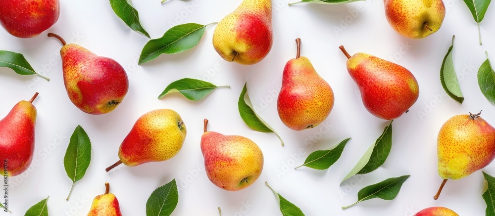 Ripe red and yellow pears with leaves isolated on a white background, providing copy space in a top-view flat lay pattern. Ripe red and yellow pears with leaves isolated on a white background, providing copy space in a top-view flat lay pattern.