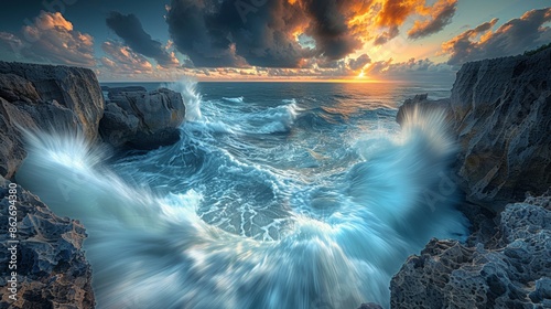 A tumultuous seascape - towering waves crash against rugged cliffs in a spectacular, primal display photo