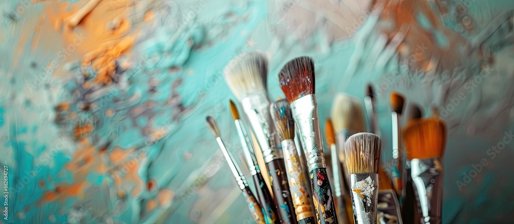 Obraz premium Close-up of a variety of artist paintbrushes with selective focus on a copy space image.
