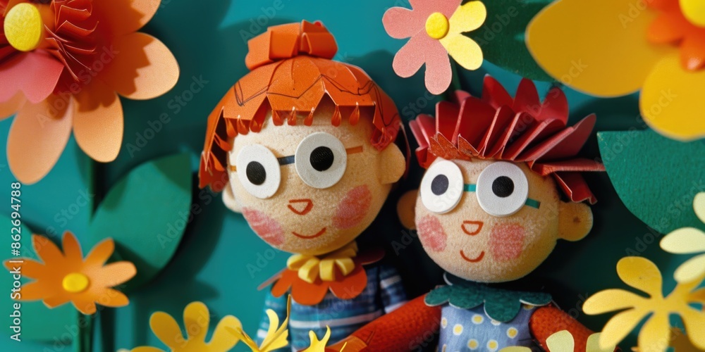 Fototapeta premium Two paper dolls are standing next to each other in a field of flowers. The dolls are smiling and appear to be happy. Concept of joy and playfulness