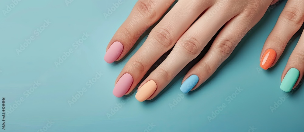 Top view of stylish female manicure design showcasing hand and nail care, featuring trendy colors in a flat lay pattern for spring and autumn, with a copy space image.