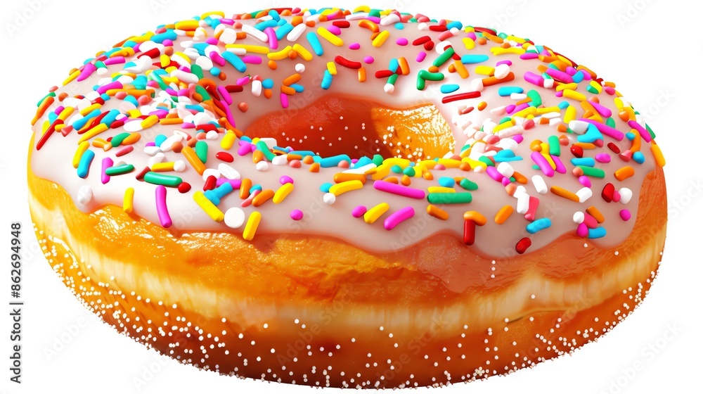Donut with colorful sprinkles, symmetrically isolated and presented , suitable for bakery or coffee shop promotions Donut with colorful sprinkles, symmetrically isolated and presented , suitable for bakery or coffee shop promotions