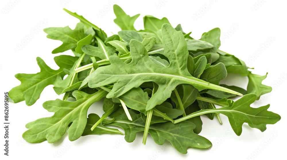 Fresh arugula leaves, peppery and vibrant, symmetrically isolated on white, perfect for salad mixes or healthy food options Fresh arugula leaves, peppery and vibrant, symmetrically isolated on white, perfect for salad mixes or healthy food options