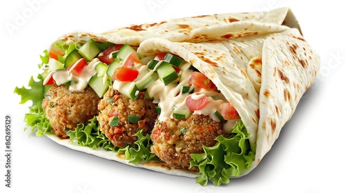Falafel wrap with fresh veggies and sauce, vibrant and detailed, perfectly centered and isolated, available  for Middle Eastern food promotions photo