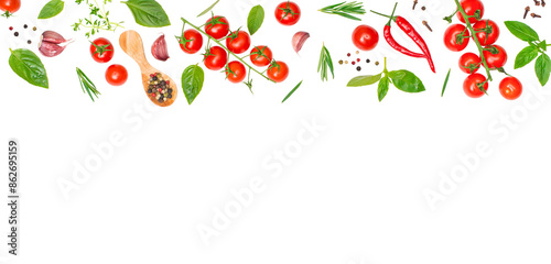 Fresh cherry tomatos basil garlic and spices isolated on transparent background bannerpng.