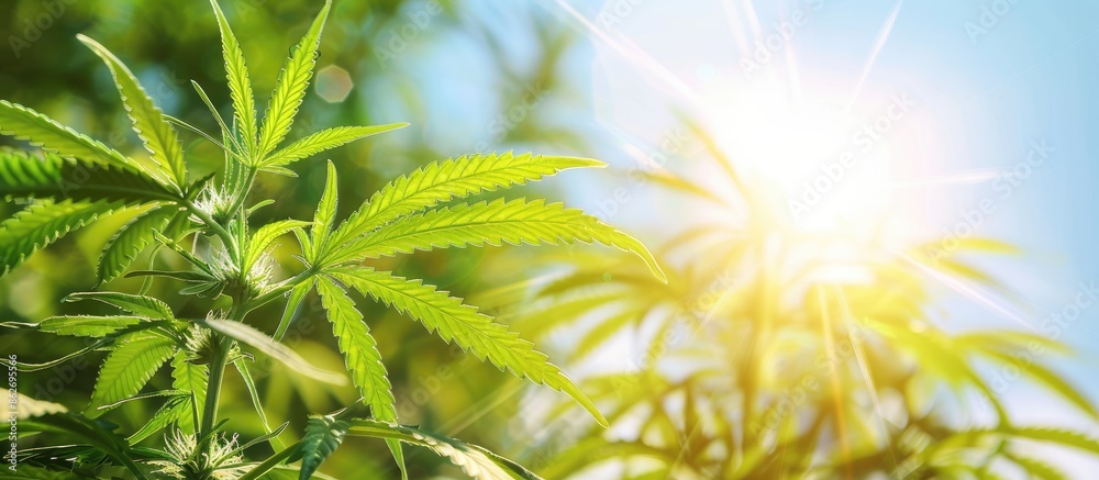 Bright sunlight shines on a cannabis plant set against a clear blue sky, with selective focus creating a striking photograph with copy space image. Bright sunlight shines on a cannabis plant set against a clear blue sky, with selective focus creating a striking photograph with copy space image.