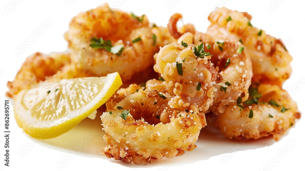Fried calamari with lemon slice, crispy and golden, symmetrically isolated and offered , perfect for seafood snack or appetizer promotions