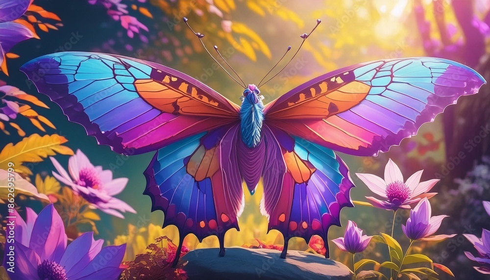large stunningly beautiful fairy wings Fantasy abstract paint colorful butterfly sits on garden large stunningly beautiful fairy wings Fantasy abstract paint colorful butterfly sits on garden