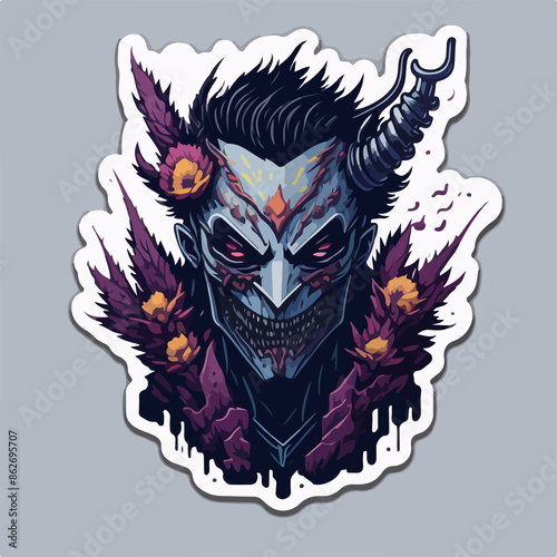 A hellish demon warrior logo: a ghostly figure with fiery eyes and menacing horns, wielding a blade. The ethereal form is shrouded in dark, swirling shadows.