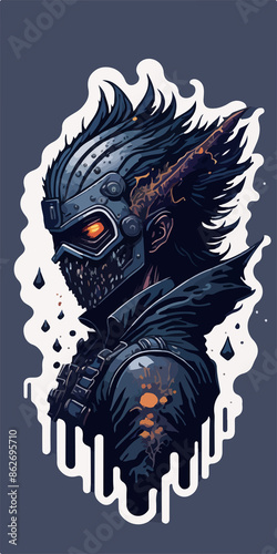 A hellish demon warrior logo: a ghostly figure with fiery eyes and menacing horns, wielding a blade. The ethereal form is shrouded in dark, swirling shadows.