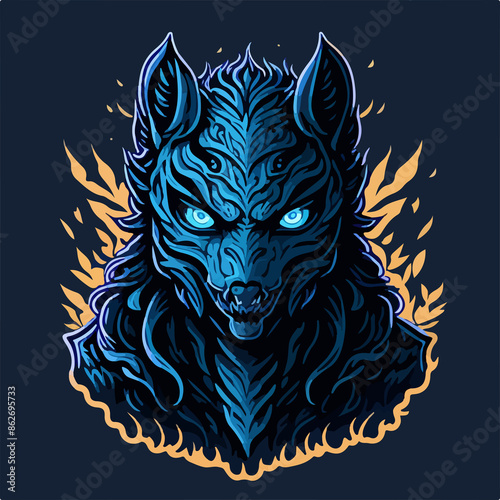 A hellish demon warrior logo: a ghostly figure with fiery eyes and menacing horns, wielding a blade. The ethereal form is shrouded in dark, swirling shadows.