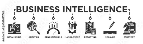 Business intelligence banner web icon vector illustration concept with icon of data mining, analysis, benchmarking, management, reporting, measure, and strategy