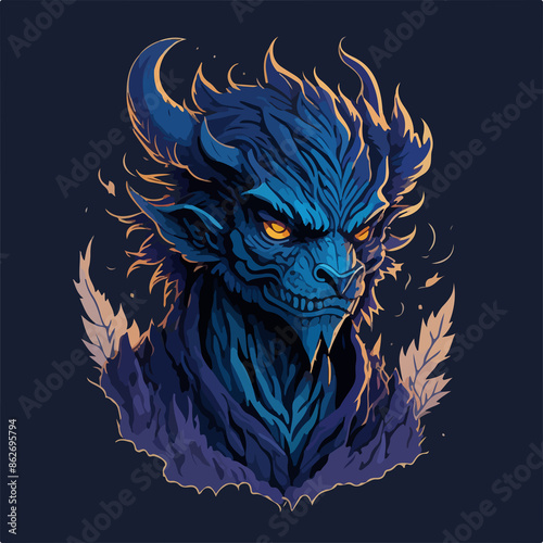 A hellish demon warrior logo: a ghostly figure with fiery eyes and menacing horns, wielding a blade. The ethereal form is shrouded in dark, swirling shadows.