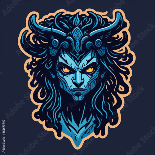 A hellish demon warrior logo: a ghostly figure with fiery eyes and menacing horns, wielding a blade. The ethereal form is shrouded in dark, swirling shadows.