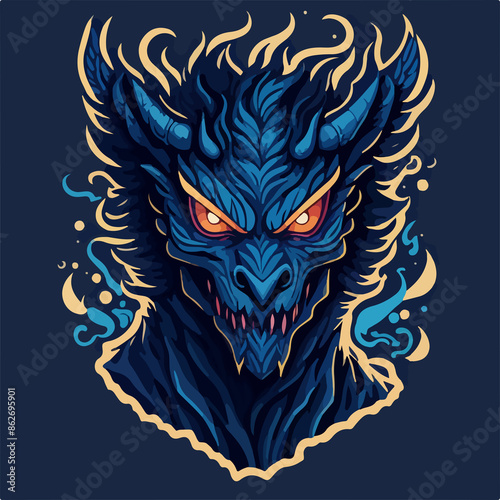 A hellish demon warrior logo: a ghostly figure with fiery eyes and menacing horns, wielding a blade. The ethereal form is shrouded in dark, swirling shadows.