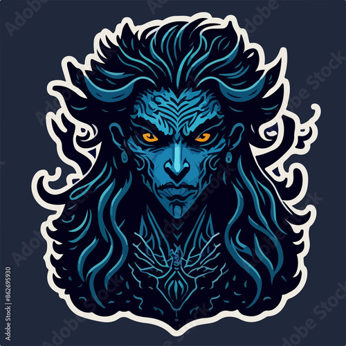 A hellish demon warrior logo: a ghostly figure with fiery eyes and menacing horns, wielding a blade. The ethereal form is shrouded in dark, swirling shadows.