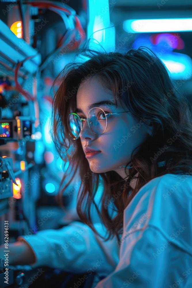 A woman wearing glasses is looking at a computer monitor. The image has a futuristic and industrial feel to it A woman wearing glasses is looking at a computer monitor. The image has a futuristic and industrial feel to it